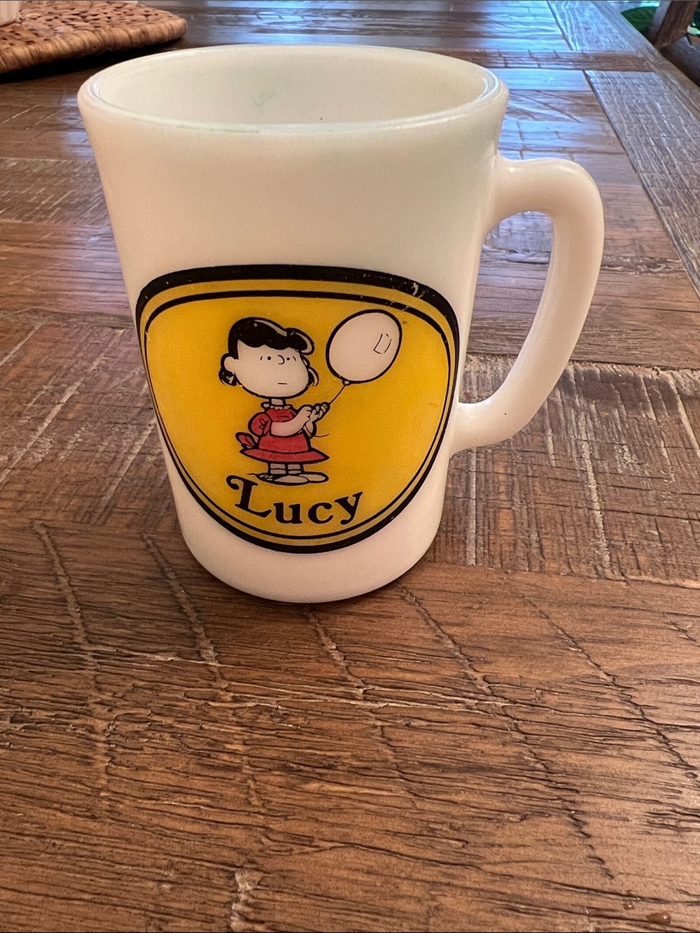 Vintage 1969 Avon Lucy Peanuts Milk Glass Mug - Yellow Character Graphic